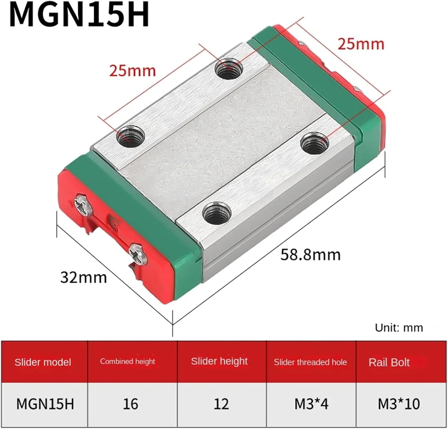 MGN15 L from 100mm to 1000mm Miniature Linear Rail Slide 1Pcs MGN Linear Guide+1Pcs MGN Carriage(MGN15 H,100mm)