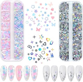 2 Pack 12 Grids Nail Glitter Sequins - 5g Each Dreamy Mix Color + Laser Silver, 3D Holographic Nail Charms for DIY Nail Art Supplies, Manicure Decorations for Women Beginners