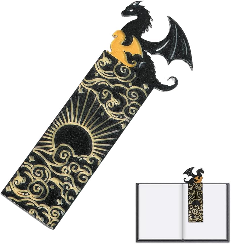 Black and Gold Dragon Bookmarks, Double-Sided Pattern, Acrylic, Cool Dragon with Sun and Clouds, Bookshelf Decor for Boys Girls Book Lovers
