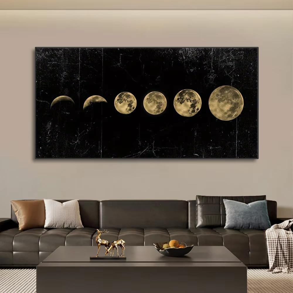 XIANGPEIFBH Wall Art Moon Phase Gold Black Posters Canvas Art Prints Abstract Painting Wall Picture for Living Room Home Decor(80x160cm/31x63in/Unframed)