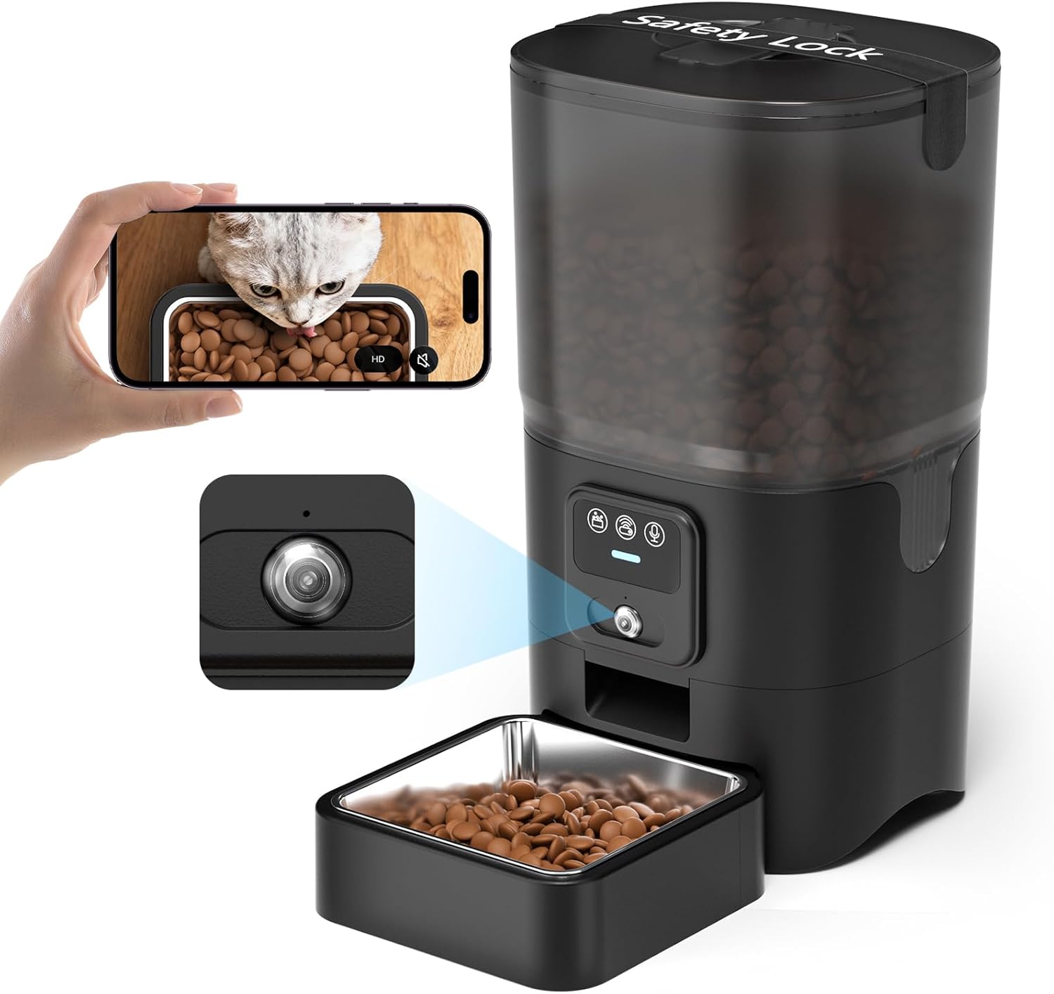 PAPIFEED Automatic Cat Feeder with 720p HD Camera & Night Vision, Two-Way Audio, 6L Smart Feeder with App Control via 2.4G WiFi, Easy Clean Detachable, Schedule 1-10 Meals/Day for Cats & Dogs – Black