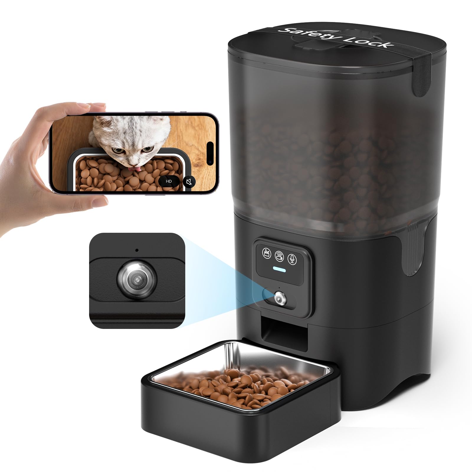 PAPIFEED Automatic Cat Feeder with 720p HD Camera & Night Vision, Two-Way Audio, 6L Smart Feeder with App Control via 2.4G WiFi, Easy Clean Detachable, Schedule 1-10 Meals/Day for Cats & Dogs - Black