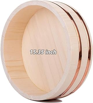 Japanese Hangiri Wooden Sushi Rice Bowl with Copper Border, Oversized Hangiri Sushi Oke Sushi Rice Mixing Tub15.35 inch