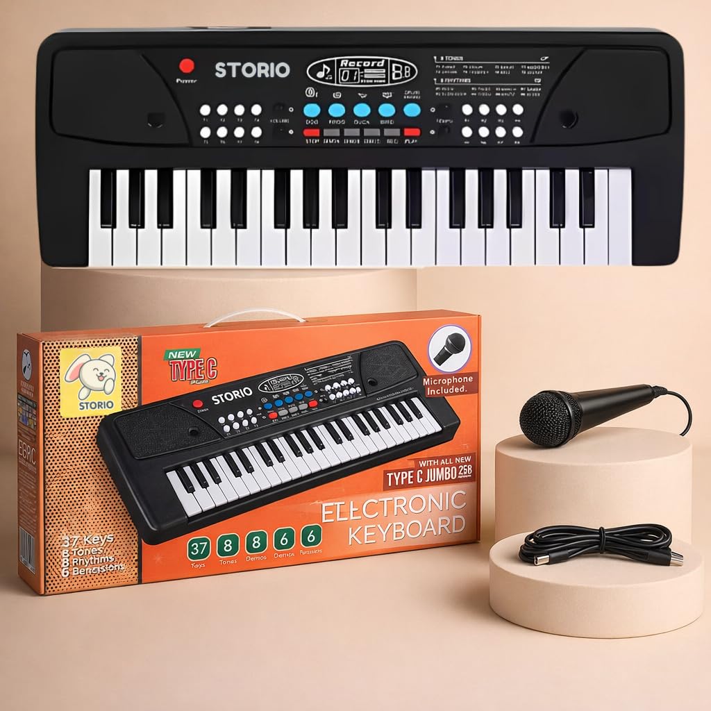 Storio Kids Piano Keyboard with Mic | 37 Keys, 8 Rhythms, 8 Tones & 6 Demo Songs | Electronic Musical Toy for Boys & Girls Age 2-5 | Educational & Recording Keyboard for Beginners