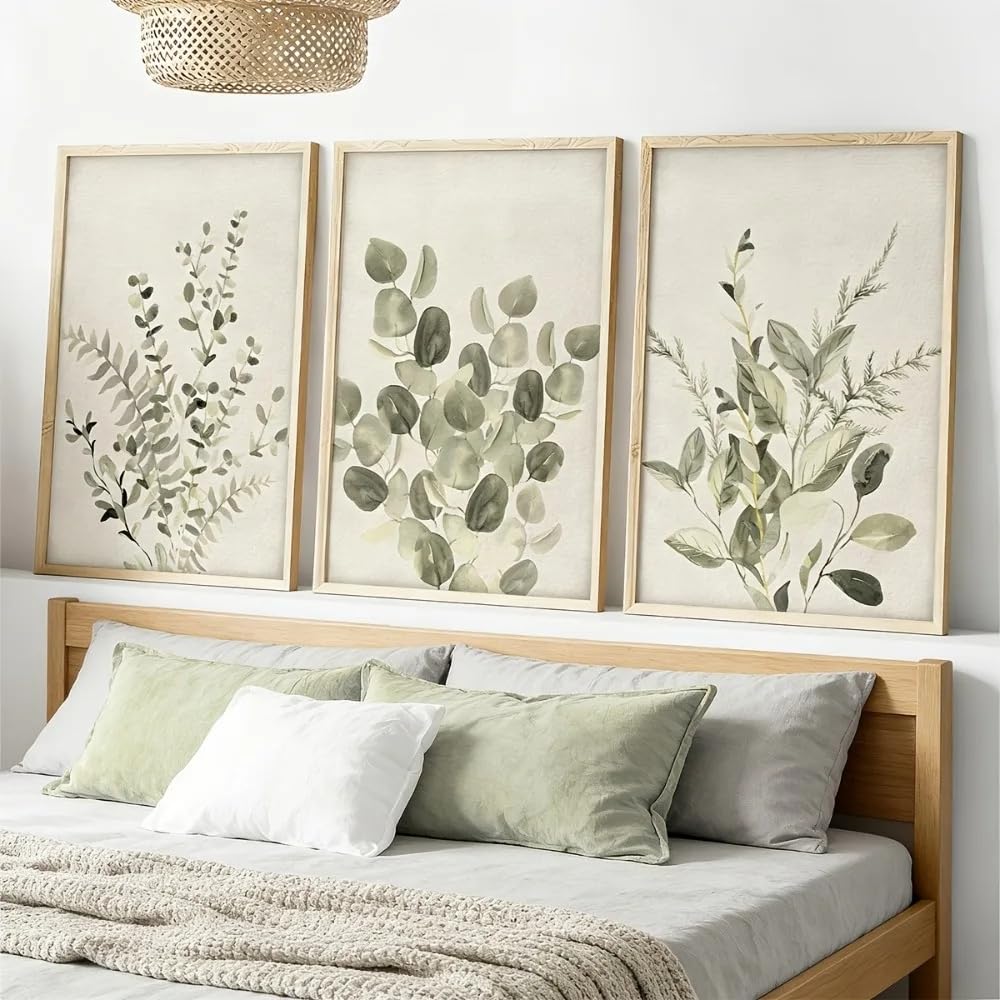 Sage Green Plant Leaf Watercolor Wall Art Retro Canvas Poster Painting Simple Home Decor(30x40cm-3Pcs/Frameless)