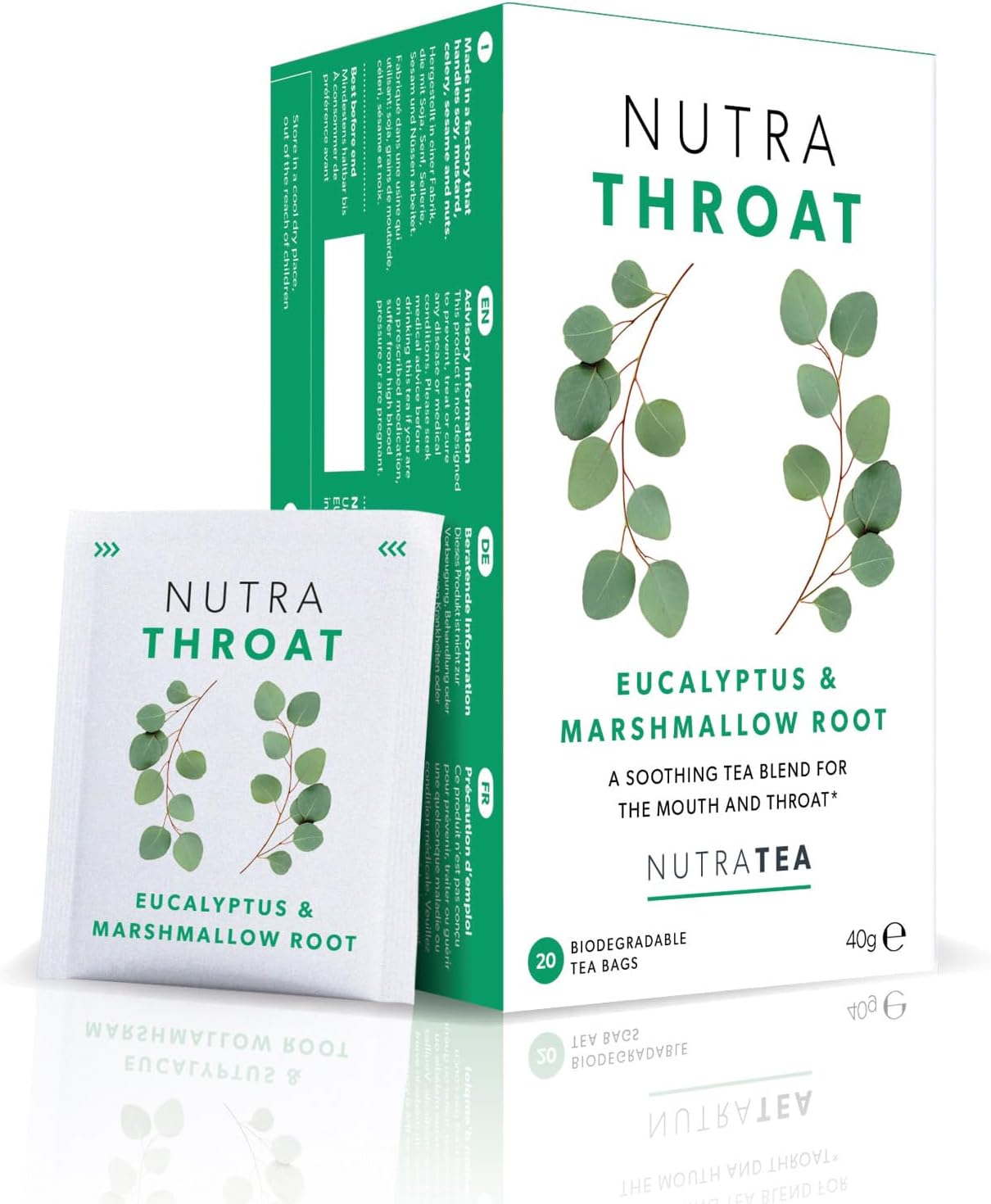 Nutra Tea NUTRATHROAT - Throat Herbal Tea | Throat Comfort Tea - For Sore Throat & Coughs With Marshmallow Root, Slippery Elm And Fenugreek - 20 Individually Wrapped Bags - Herbal Infusion (1 Pack)