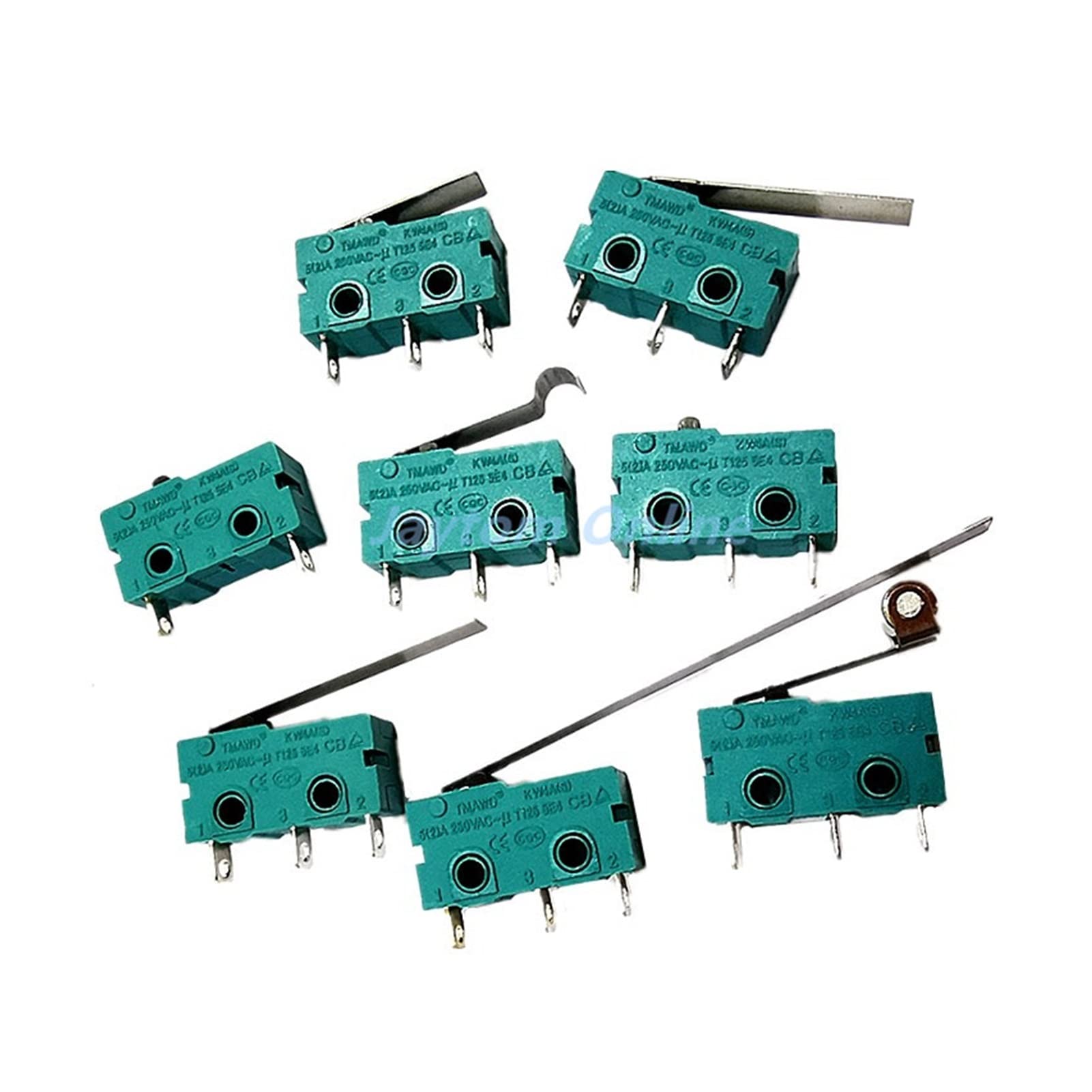 Microinterruptores, 5 uds., microinterruptor, brazo de palanca de rodillo, SPDT, acción a presión, 5A, 250V, KW4A, NC-NO-C con polea, interruptor de límite de carrera de 3 pines y 2 pines interruptor