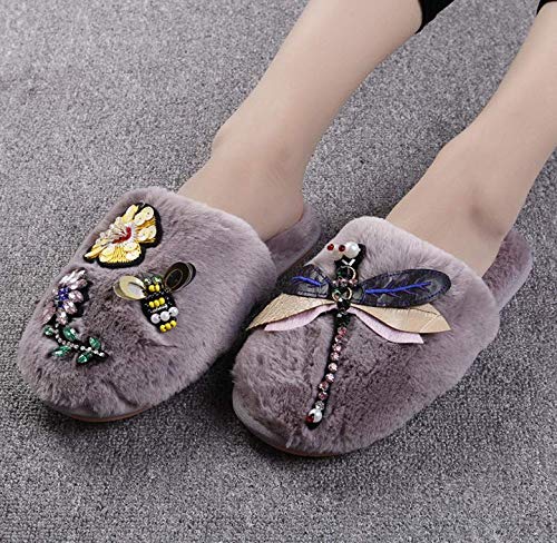 FACAI Zapatillas de Felpa Sra hogar cálido Zapatillas patrón de Remolque de algodón Deslizamiento Flor libélula Interior y Exterior común,A,42
