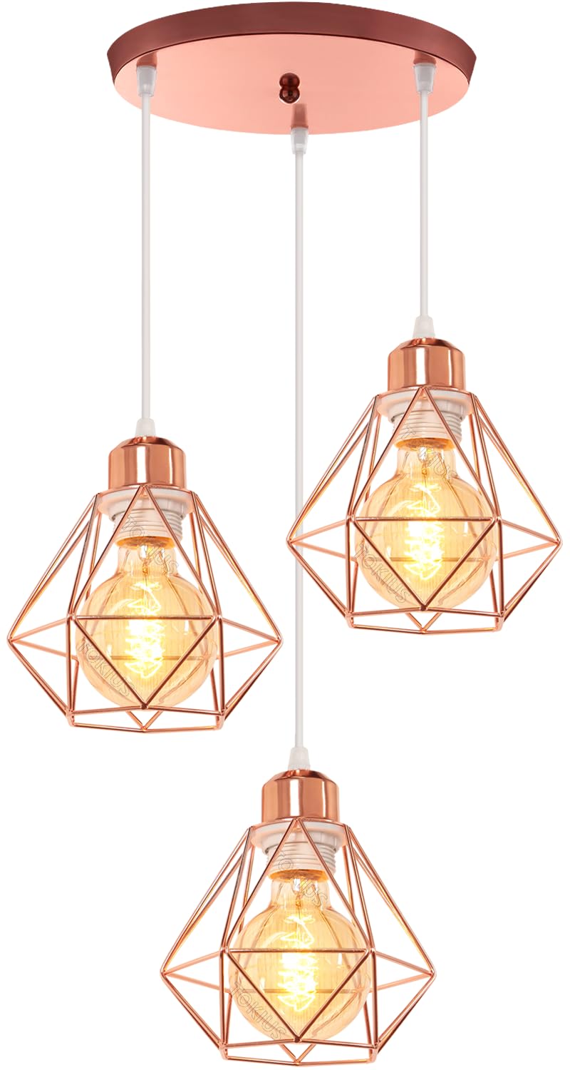 Plafonnier Industriel Vintage Luminaire E27 Rétro Lustre Suspension Design Métal Cage Ø160mm éclairage plafond Pour Salon Cuisine Chambre (Or rose-base de 25cm)