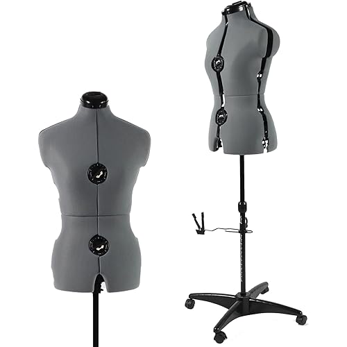 Adjustable Dress Form Mannequin for Sewing Female Size 6-14, Gray Pinnable Model Body with 13 Dials & Detachable Casters, 42.5"-60" Height Range for Clothing Display, Small to Medium