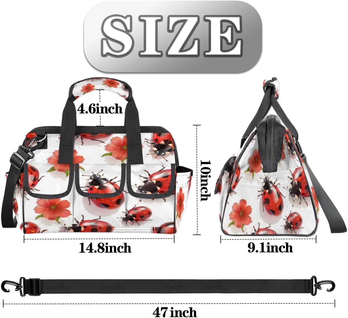 Cute Ladybirds Heavy Duty Tool Bag for Men Garden Engineer Electrician Carpenter Sturdy Portable Tool Box Organizer Storage with Handle Pockets Strap 15 Inch