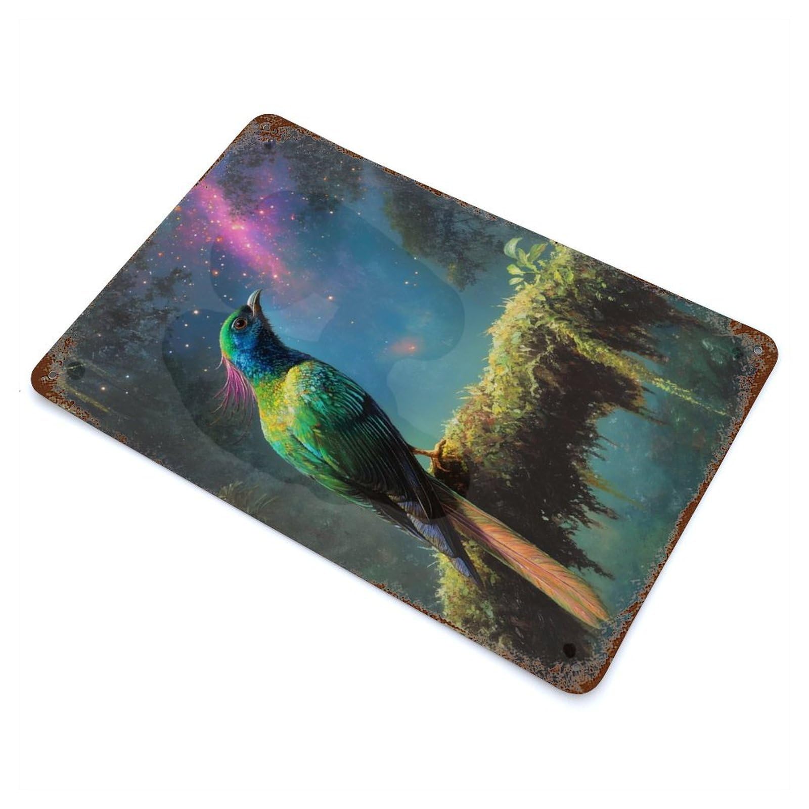 Garage Style Exotic Bird Under Starry Sky Weathered Tin Sign 11.8"x7.9", Classic Wall Plaque for Bar And Workshop