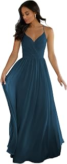 Bridesmaid Dresses for Women with Pockets Chiffon Spaghetti Straps Long Pleated Wedding Party Gown