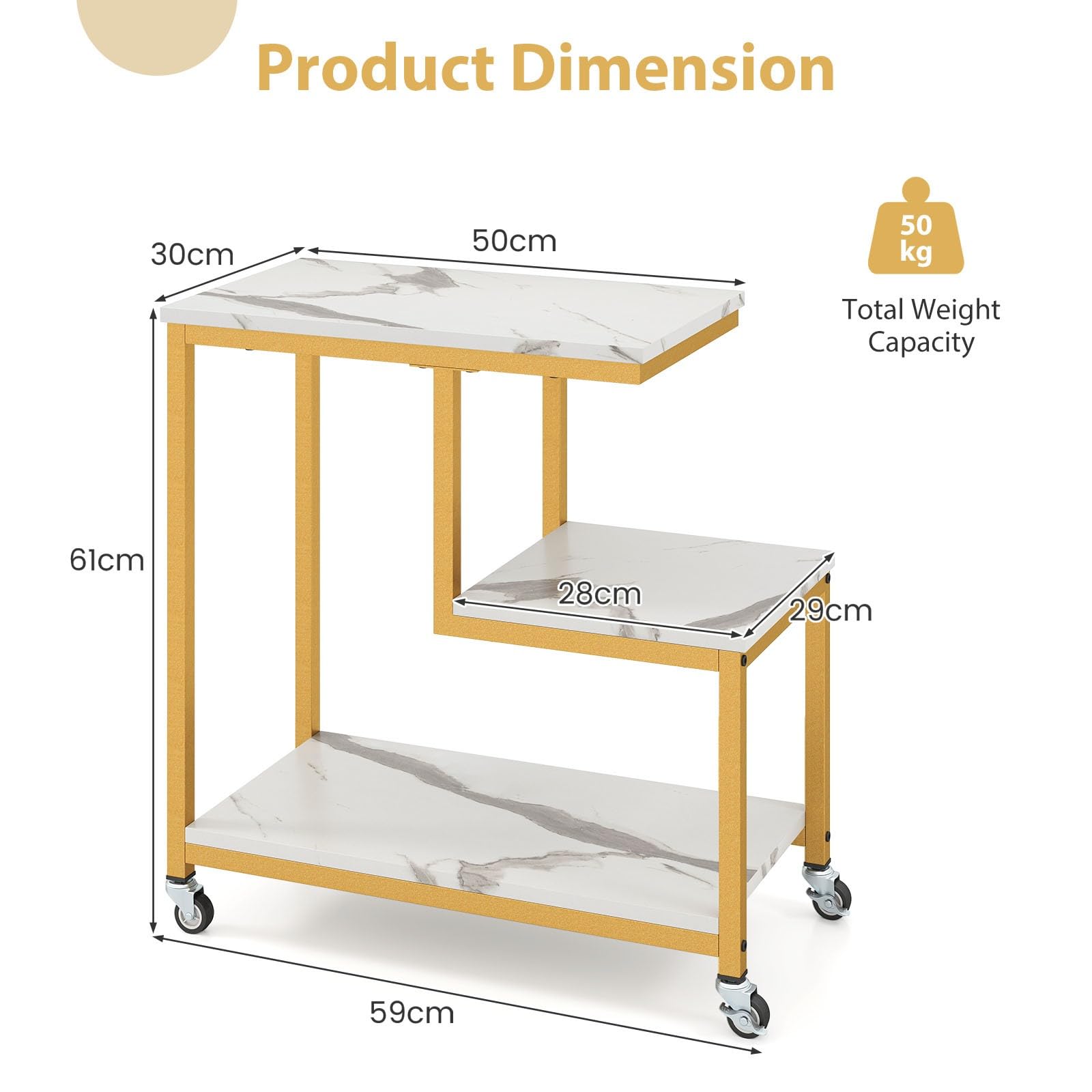 LIFEZEAL Table d’Appoint avec 4 Roues, Effet de Marbre, Bout de Canapé Mobile Style Industriel, Table de Chevet à 3 Étagères, Cadre en Acier, Max 50 Kg, 60 x 30 x 59 cm (Blanc)