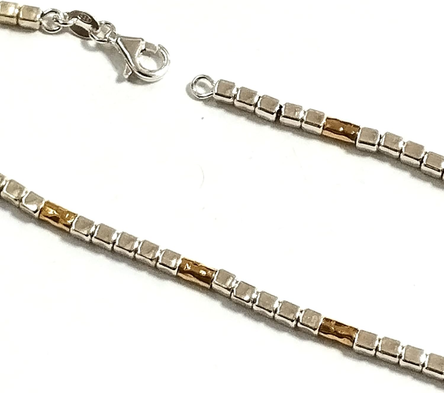 Silver and Gold Two Tone Bracelet 925 Sterling Silver 3mm Cube Beads and 14kt Gold Filled 3x5mm Hammered Tube Beads. Strung on Silver Chain. Women, Men, Unisex