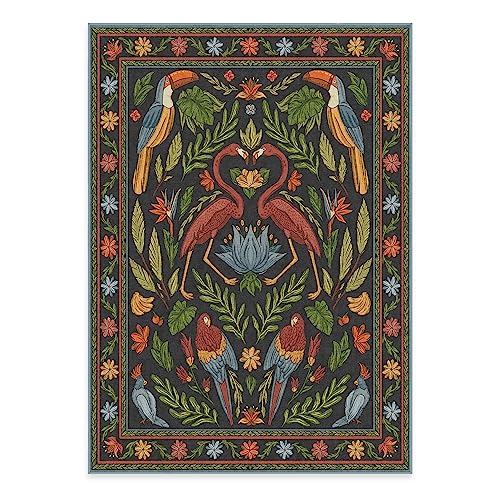 RUGGABLE x Iris Apfel Machine Washable Modern Area Rug – Birds of A Feather Black 5x7, Stain-Resistant, Non-Slip with Standard Pad – Medium Rugs for Living Room, Bedroom, Hallway, Entryway & Office