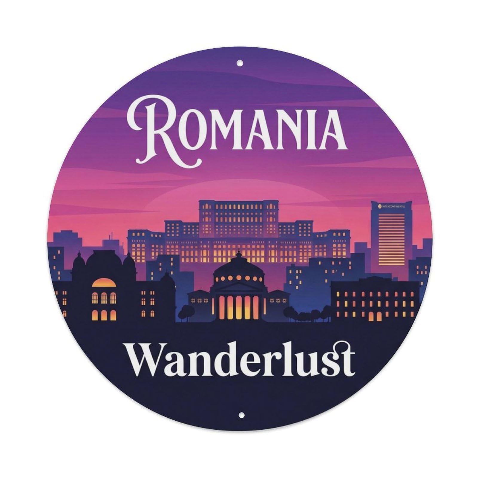 Romania Skyline Historic Tourism Classic Destination Metal Tin Sign Plaque Wall Decor for Cafe, Man Cave, Club Bar, Office, Home Garden Round Metal Poster 8x8Inch