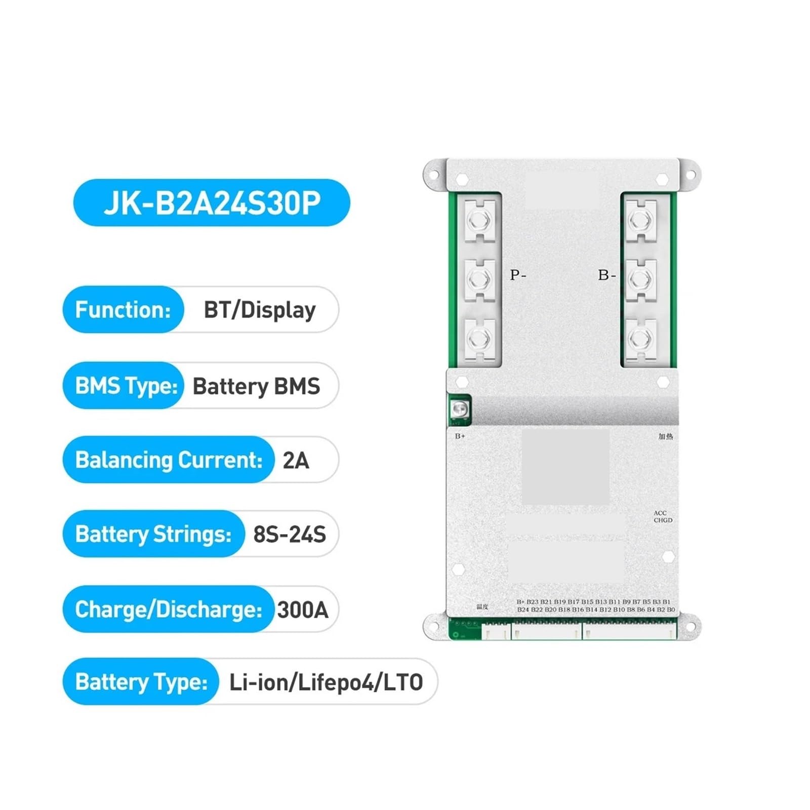 KACOME Active BMS JK-B2A24S30P Lifepo4 Li-Ion Battery 8S-24S 24V-72V 300A Active Balancer Support Inverter Protocols