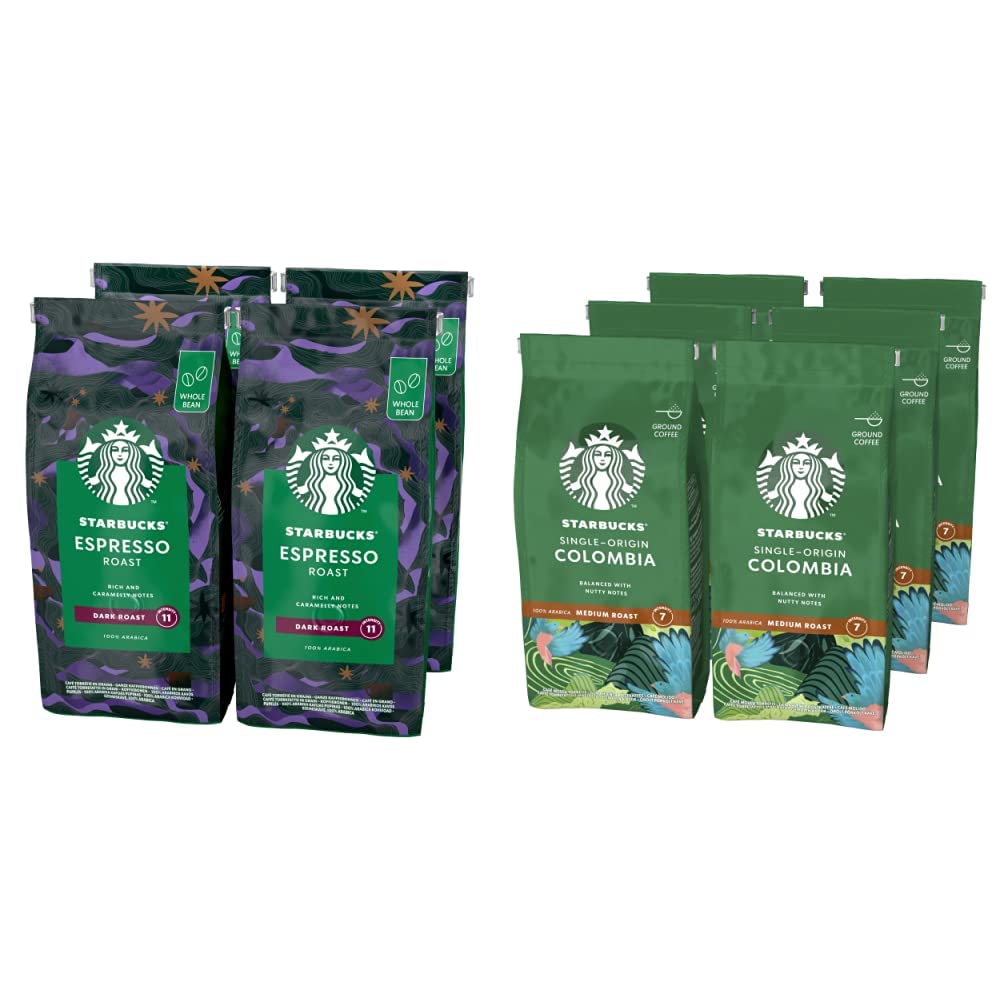 STARBUCKS Espresso Roast Café De Grano Entero De Tostado Intenso (4 Bolsa de 450g) & Single Origin Colombia Café molido De Tostado Medio 6 Bolsa de 200g