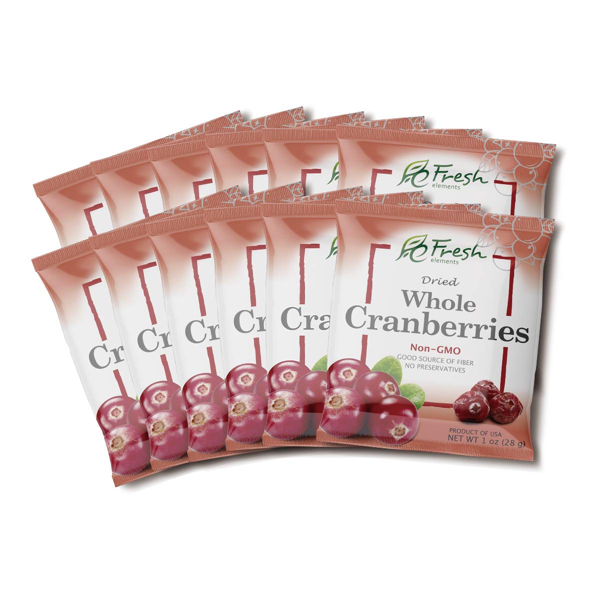 Fresh Elements Dried Whole Cranberries, 1oz single serving bag, Preservative Free, Gluten Free and Non GMO, Great for Salads and Baking, Healthy Snack ( 12 pack )