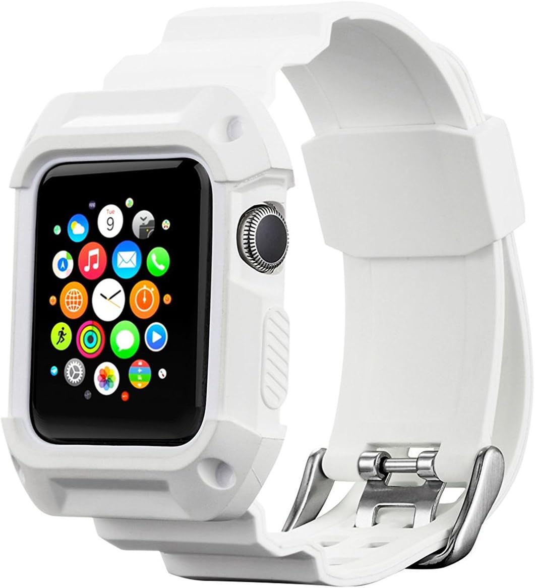 Compatible with Apple Watch Band with Case 42mm, MAIRUI Rugged Protective G Shock Replacement Wristband for Apple Watch Series 3/2/1, iWatch Nike+/Sport/Edition (White)