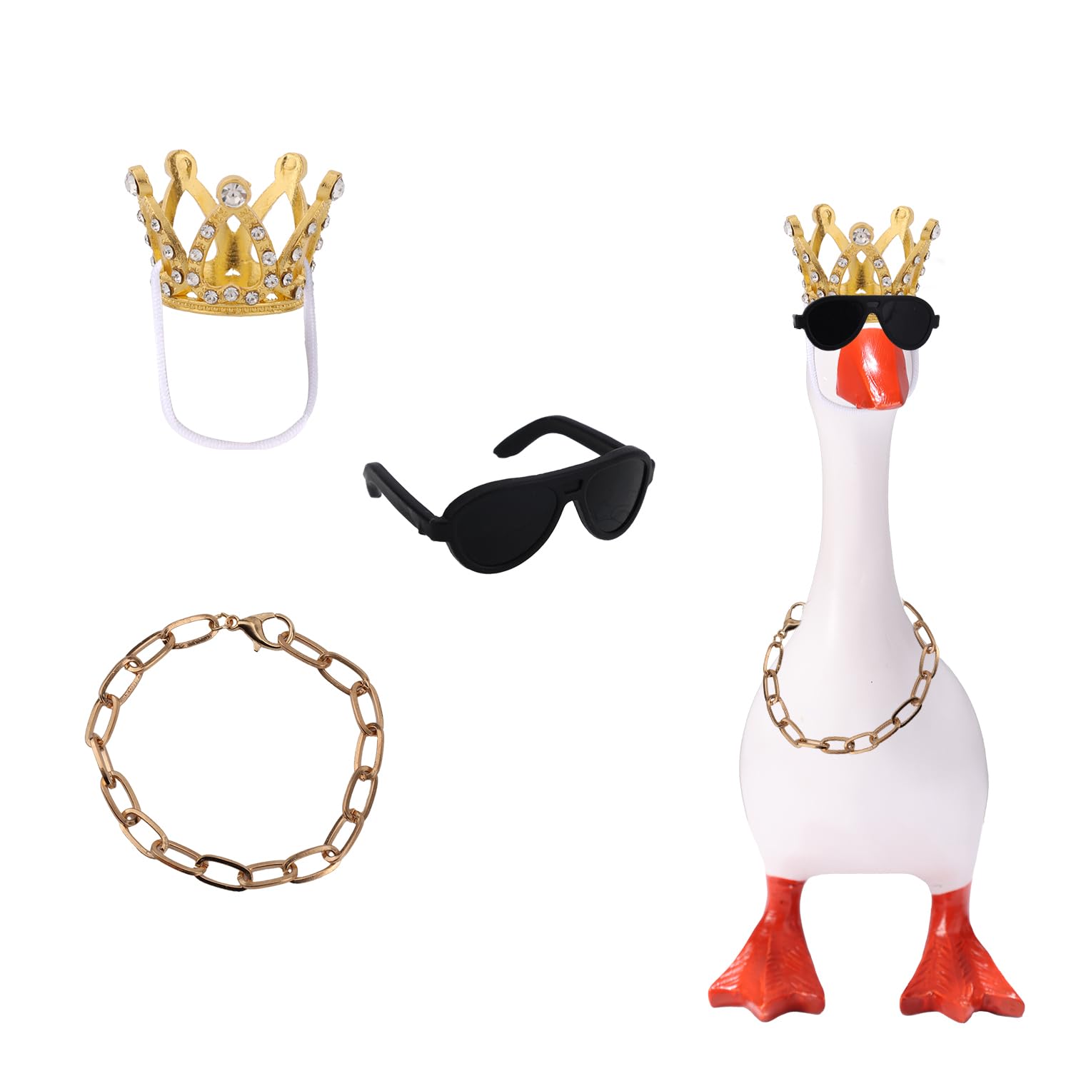 Penitue 7in Mini Desk Goose Outfit Set, Rhinestone Gold Crown Sunglasses & Chain Necklace Stylish Desk Goose Accessories for Magnetic Geese Key Holder Office Home Decor Funny Gift