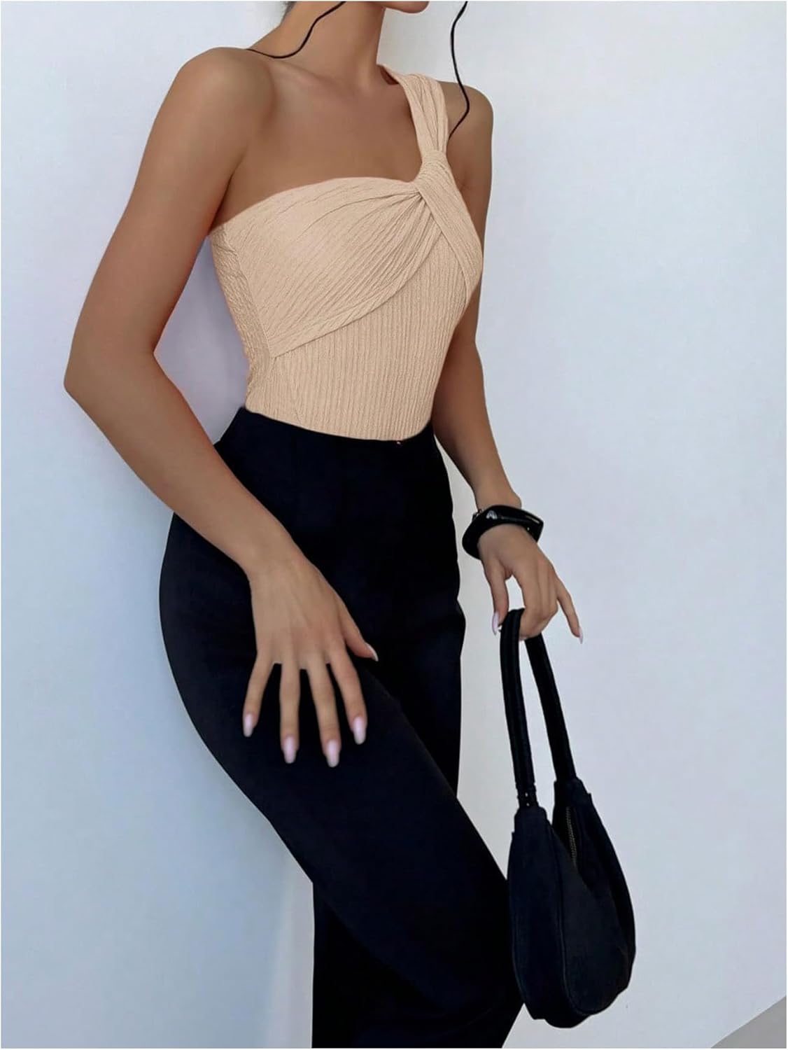 GORGLITTER Women's Twist Front One Shoulder Bodysuit Sleeveless Backless Asymmetrical Neck Tank Top Jumpsuits - Image 6