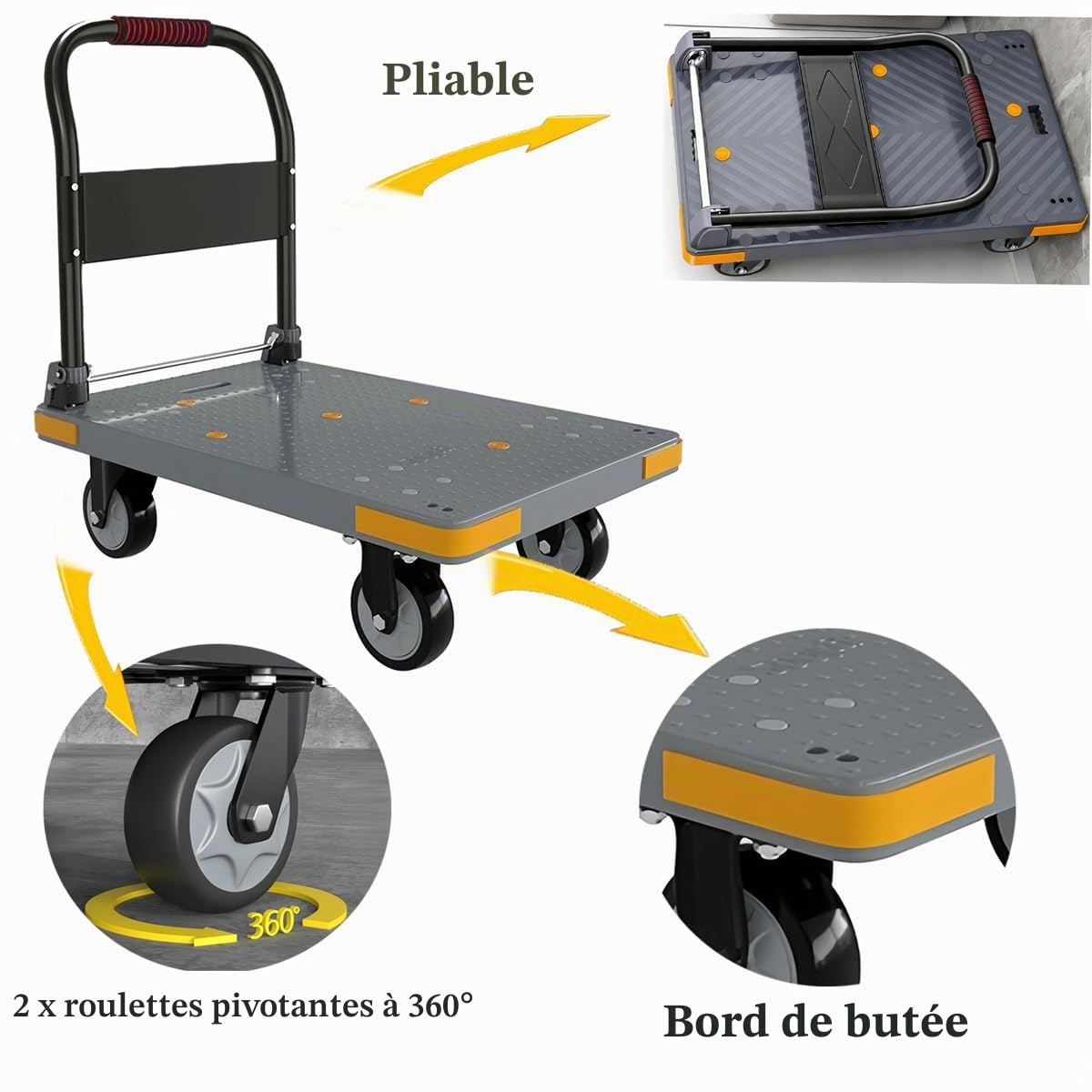 Chariot Pliable à roulettes 200 kg, Chariot Plateforme avec Roue de Secours, BaiYouMei 72x50cm Grande Surface Chariot de Transport, Portable Trolley/Aide au Transport avec roulettes pivotantes