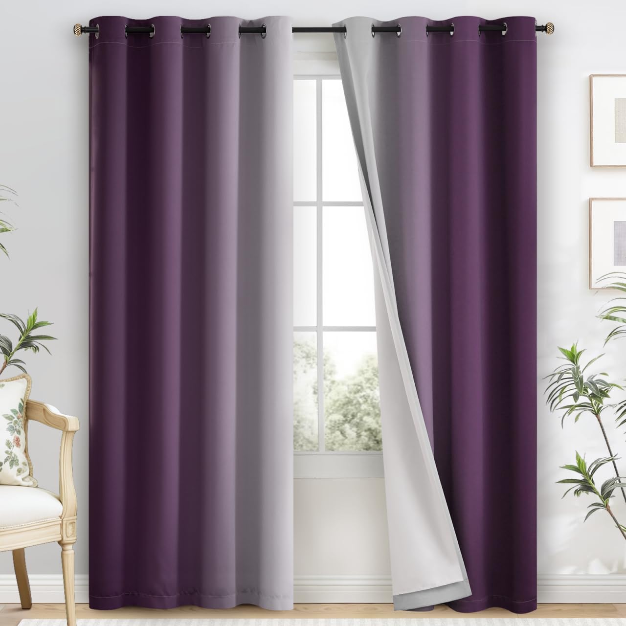 Yakamok 100% Blackout Curtains 84 Inch Length 2 Layers,Purple Curtains for Bedroom Ombre Room Darkening Grommet Gradient Drapes, Light Blocking Thermal Insulated Window Curtains for Living Room — image 1