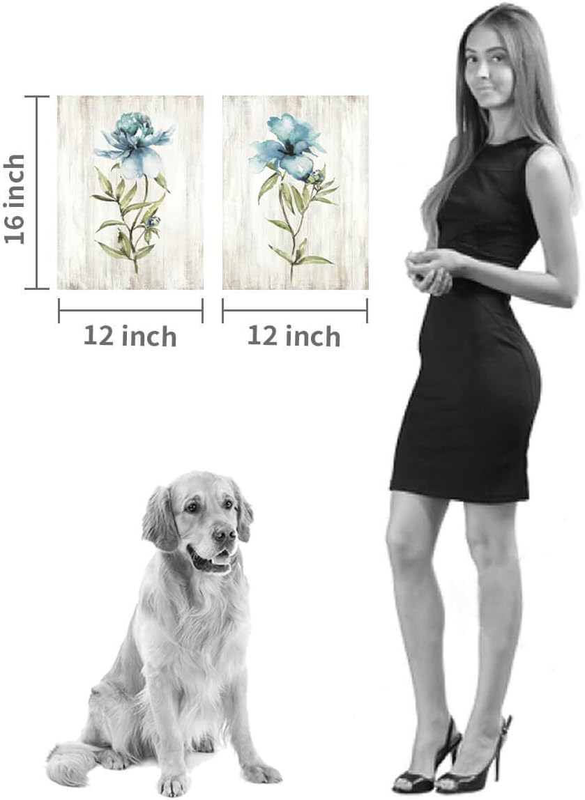 Botanical Wall Art, Blue Flower Canvas Picture Set, 12x16 Inches 2 Panels