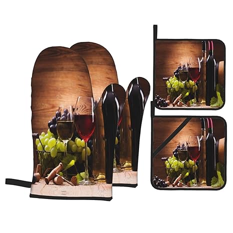 4-Piece Set Oven Mitts and Potholders, Vintage Grapes Baking Glove and Pot Holder for Cooking BBQ