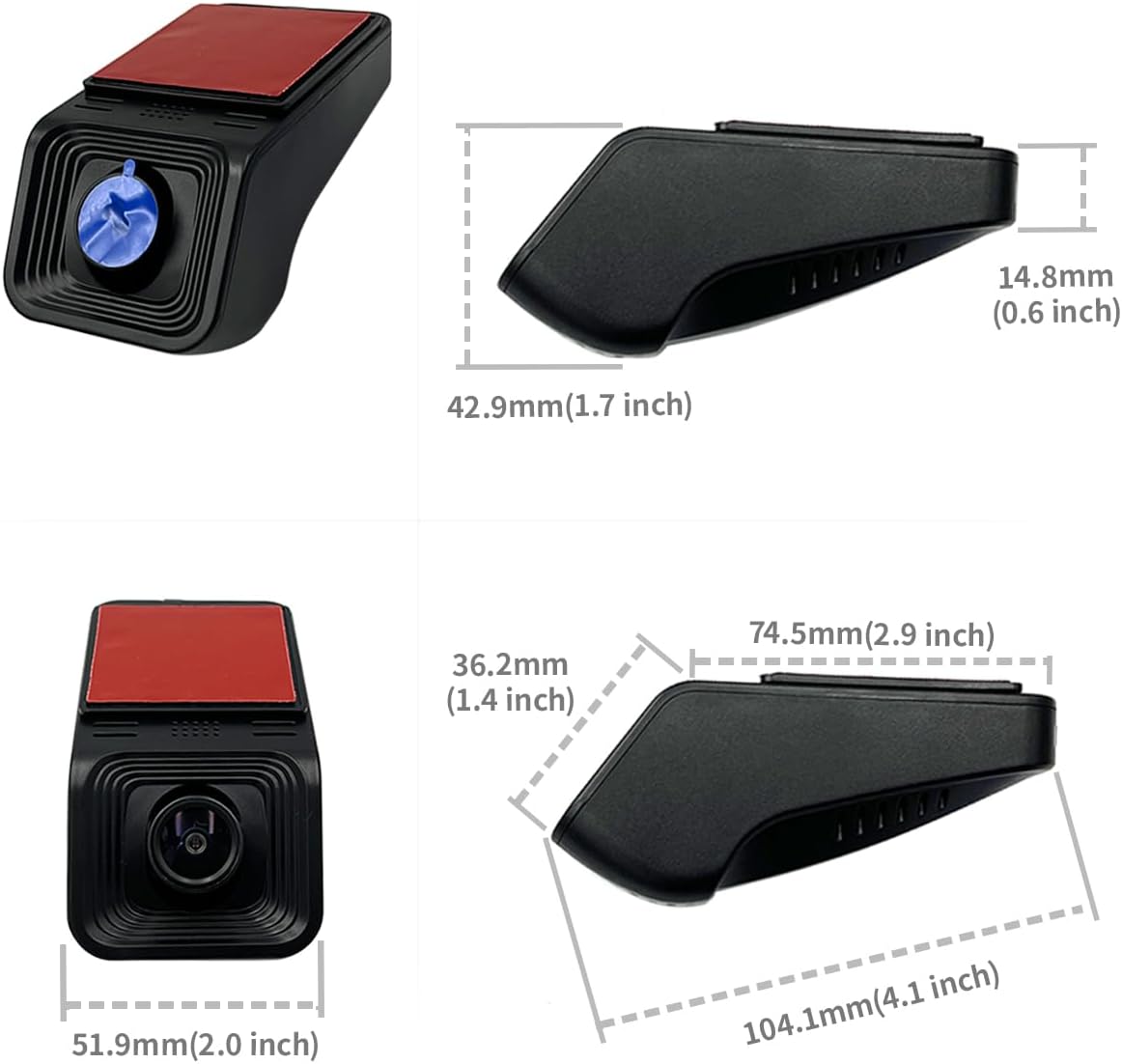 Diagram showing the dimensions of the dash cam unit in millimeters and inches.