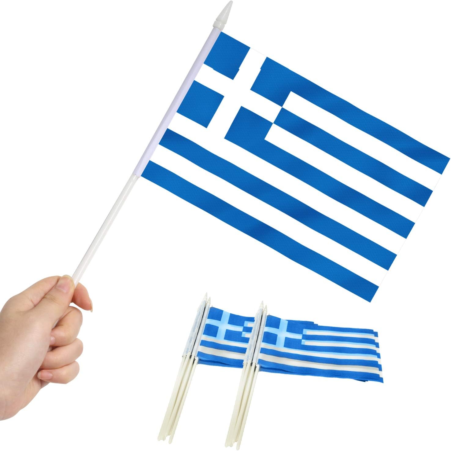 Anley Greece Mini Flag 12 Pack - Hand Held Small Miniature Greek Flags on Stick - Fade Resistant & Vivid Colors - 5x8 Inch with Solid Pole & Spear Top