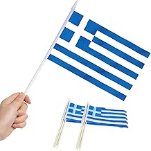 Anley Greece Mini Flag 12 Pack - Small Greek Mini Hand On Stick Flags - Fade Resistant and Vivid Colors - 5x8 Inch with Solid Pole Spear Top