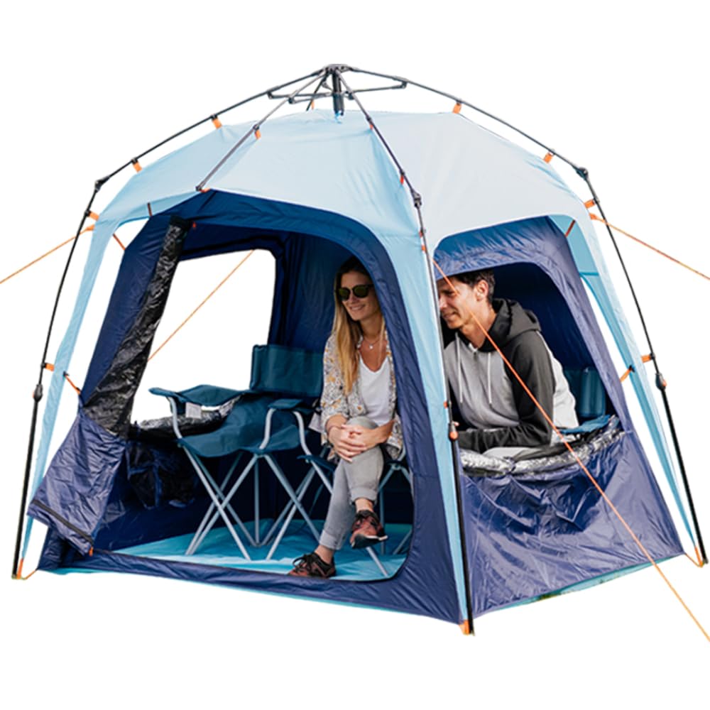 Fofana Pop Up Tents for Camping - 4-Person Dome, Blue - Windproof & Water-Resistant Cold Weather Tent & Pop Up Shelter with 270-Degree View & Instant Setup