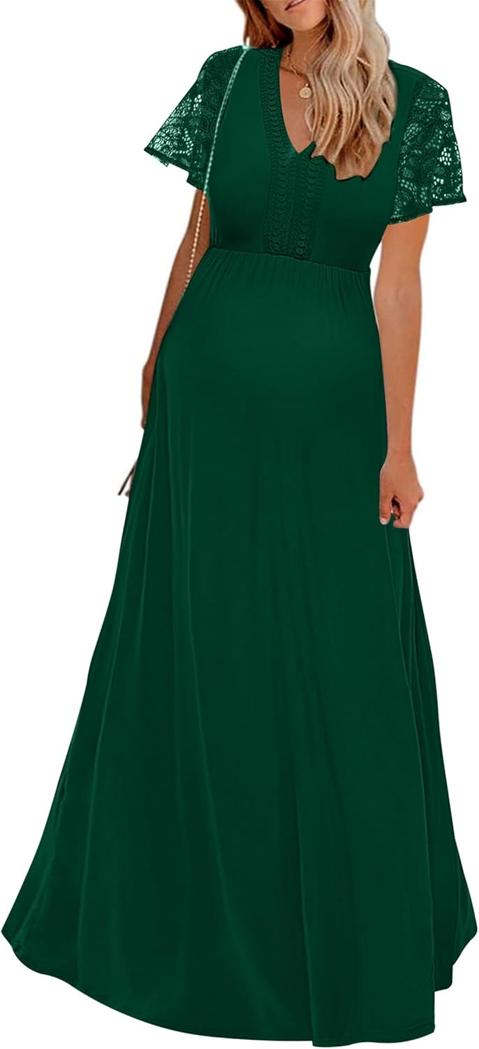 Y Lace Neckline Maternity Dress Lace Short Sleeve Maternity Maxi Dress for Baby Shower Maternity Photoshoot