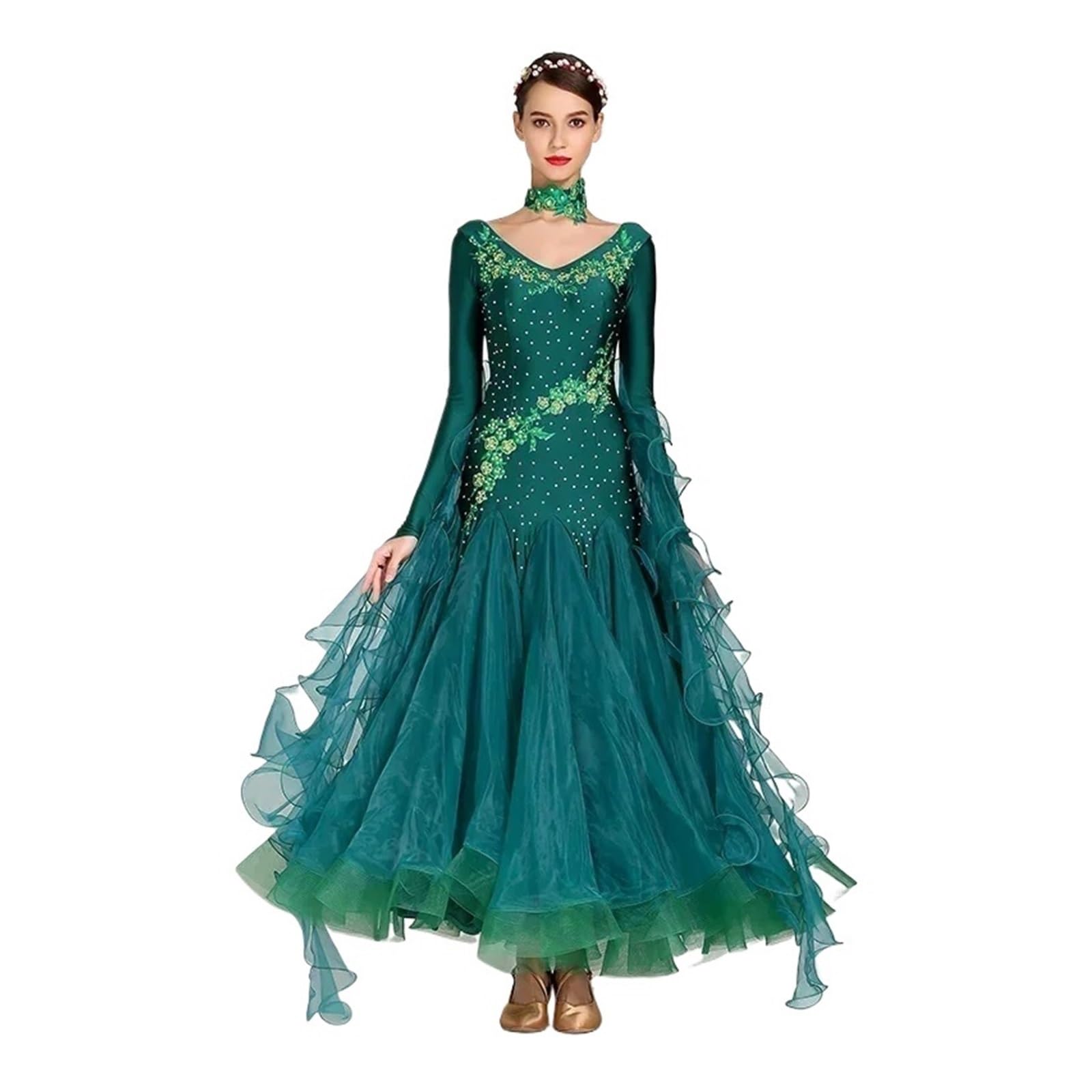 Women Competition Modern Dancing Clothes Long Sleeve Waltz Stage Costumes Ballroom Dance Dress, Dark Green, Medium