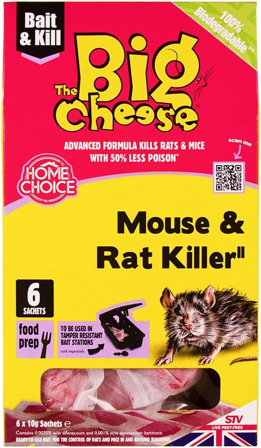 The Big Cheese Mouse & Rat Killer Pasta Sachet - 10g x 6 Kills Mice and Rats Pre-Measured Chew Through Sachets Difenacoum, Red