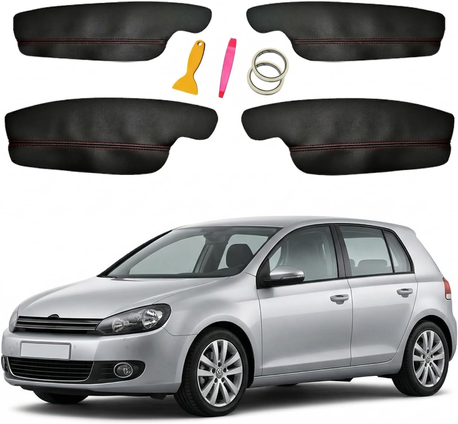 4PCS Car Door Panel Armrest Leather Cover for VW Golf 6 MK6 2009-2013, Microfiber Interior Trim Card Inserts Pad with Red Stitching & Tools