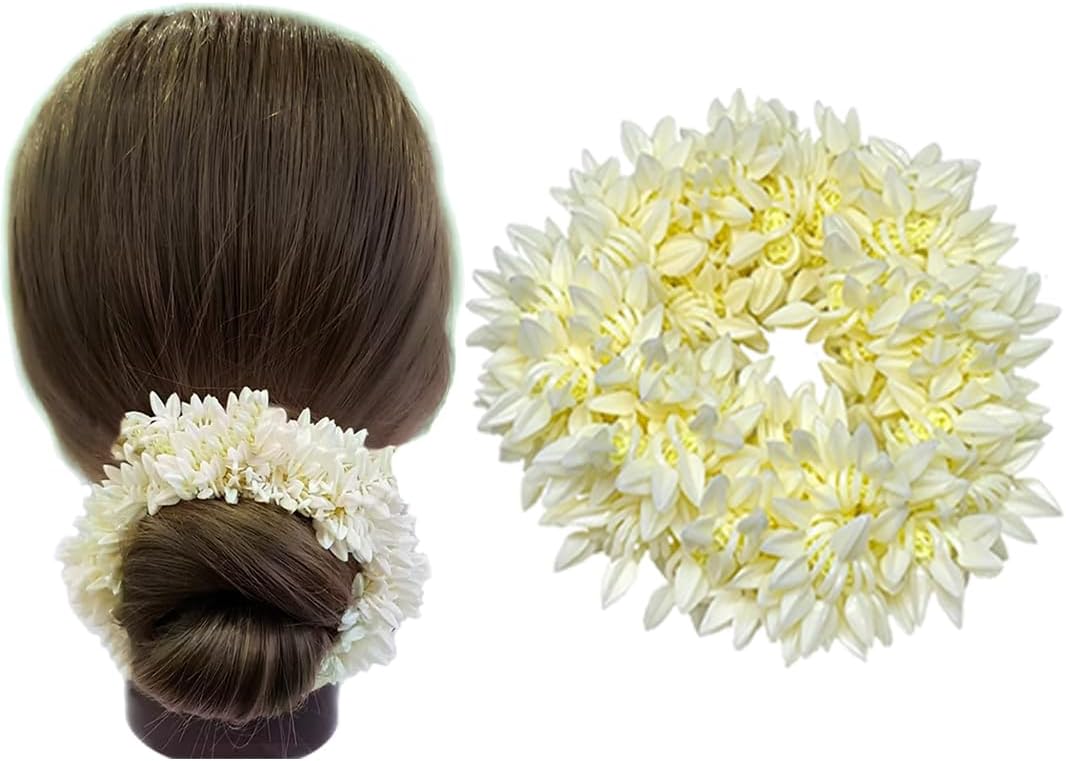 Temperia (1 Pcs) Scented Mogra Gajra Hair Accessories For Women & Girls - Hair Flower Bun Artificial Fake Gajra Scrunchies Rubber Band - Premium & Voluminous, White