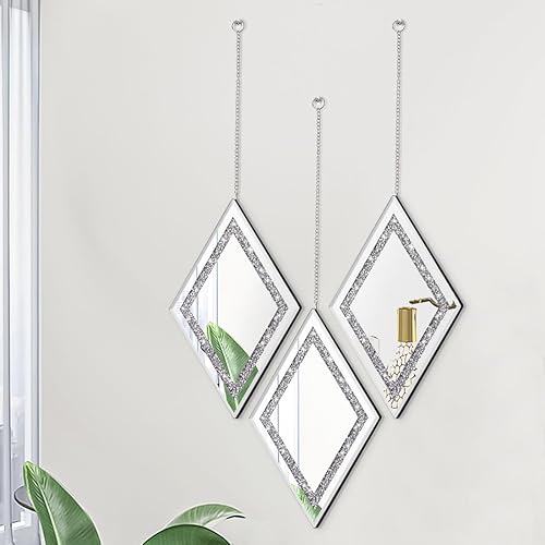 Miniatura 2 de Pibeyer Juego de 3 espejos de pared con forma de diamante plateado para dormitorio, sala de estar y pasillo, decoración del hogar