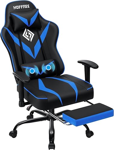 Miniatura 8 de Silla de juegos con masaje, silla ergonómica para computadora con reposapiés y soporte lumbar, silla reclinable para juegos de PC para niños con Azul