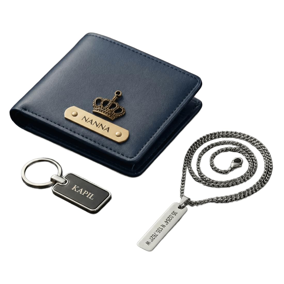 Personalized Leather Wallet and Keychain Set with Stylesh Charm, Custom Name Engraved, Gift Set with Necklace (Blue)-image-31