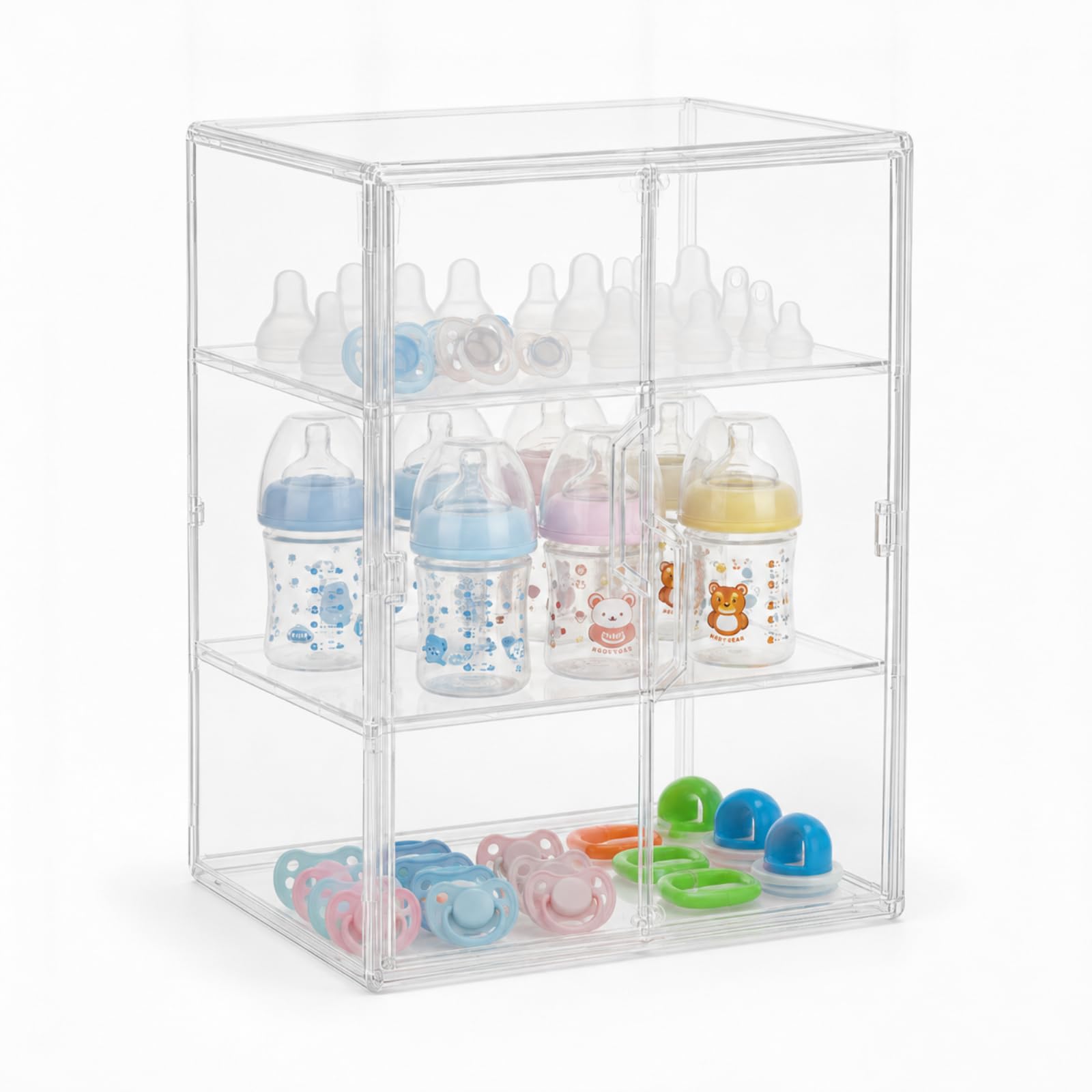 Raoletin 3-Tier Baby Bottle Storage Box Clear Plastic Baby Bottle Organiser, Bottles Storage Container with Double Doors and 2 Removable Dividers for Kitchen Cabinet Vanity Pantry Organization
