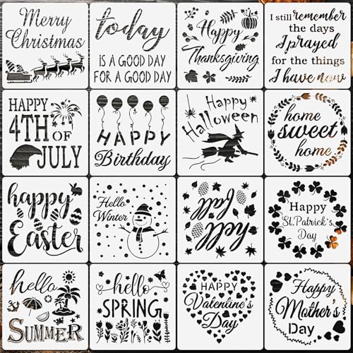 Seasonal Home Sign Stencils - 16pcs Reusable Festival Word 5.9 in Templates for Painting on Wood Walls Doors and DIY Craft Projects