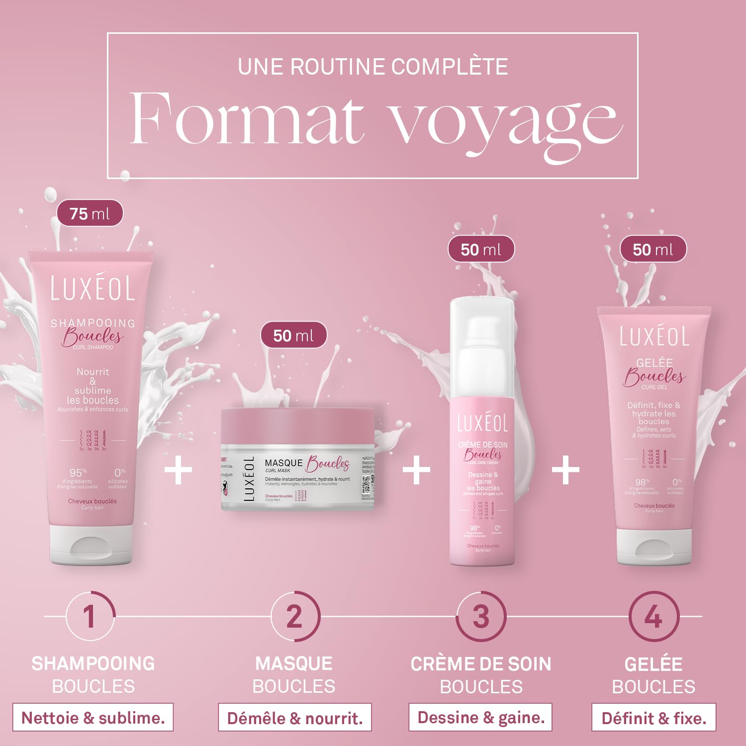 LUXEOL - Routine Cheveux Bouclés - Format Voyage - Sublime Les Boucles - Limite les Frisottis - Parfum Gourmand - Shampooing 75ml + Masque 50ml + Crème De Soin 50ml + Gelée 50ml