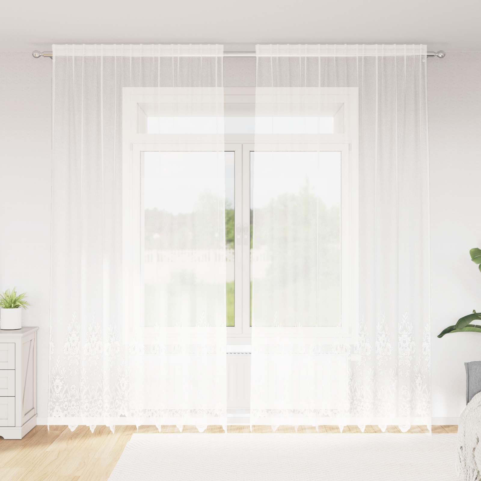 Spitzenvorhang Weiß 280 x 200 cm aus Polyester mit Sichtschutz und Lichtfilterung, Gardine für Wohnzimmer Schlafzimmer Büro, vielseitige Fensterdeko