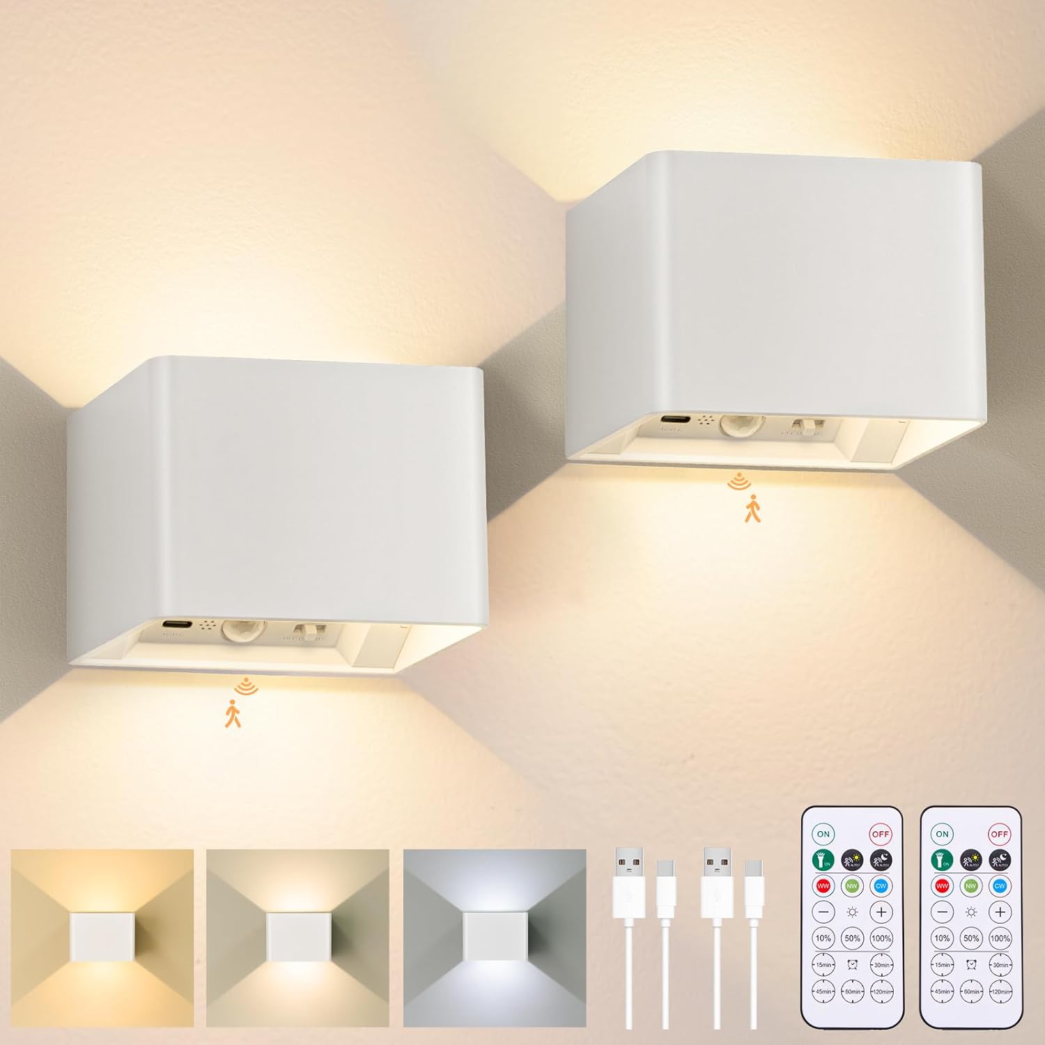 Yochoice Motion Sensor Wall Light Indoor Set of 2, 6000mAh Wireless Rechargeable Battery Operated LED Sconce Up Down with Touch Remote Control, Battery Powered Magnetic Wall Lamps with 3CCT, White
