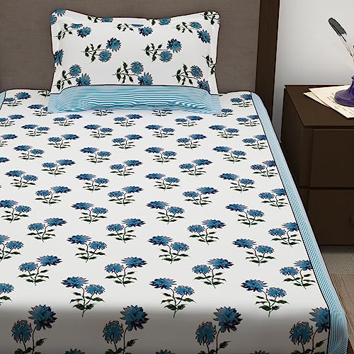 Image of Story@Home 144 TC Single Bedsheet Cotton Combo with 2 Pillow Cover | White & Blue | Floral (Bedsheet Single Bed : 57 in X 88 in & Pillow Cover : 16 in X 24 in)