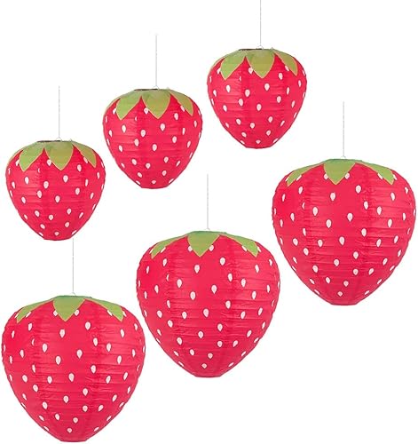 Faroles de papel de fresa, 6 faroles colgantes de papel de fresa, adornos para habitación de niños, telón de fondo de cumpleaños, boda, decoración